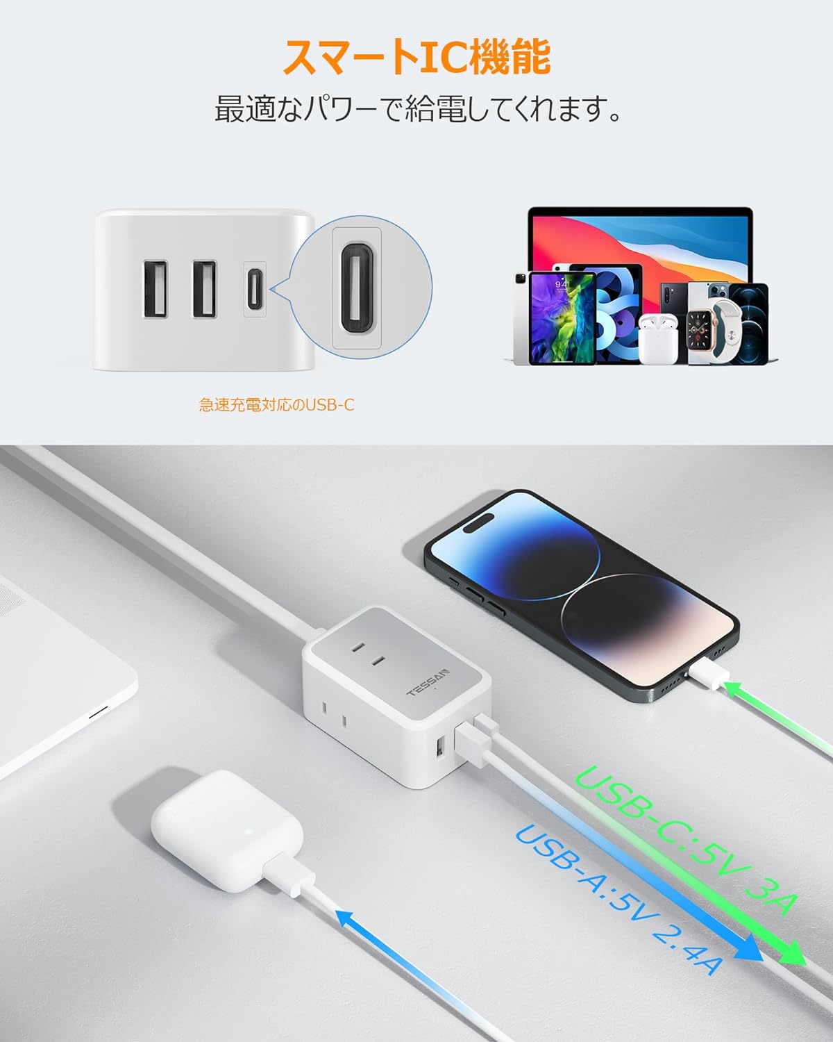 延長コード2m 電源タップ AC 3口 USB-A 2口 USB-C 1口 TS-708-C TESSAN